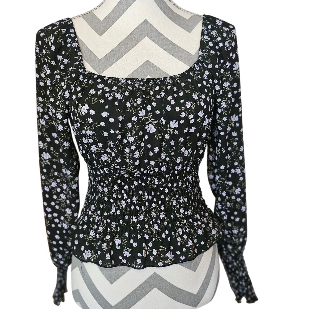 No Comment NY LA Floral Smocked Waist Peplum Top Black Purple Small Cottagecore